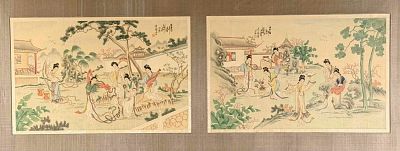 Pair Of Chinese Paintings On Silk, Ladies in Gardens. Pair of Chinese paintings on silk 