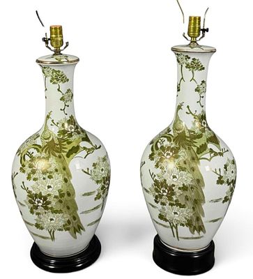 Near Pair Asian Porcelain Table Lamps, Peacock and Floral Decoration. Near pair of Asian 