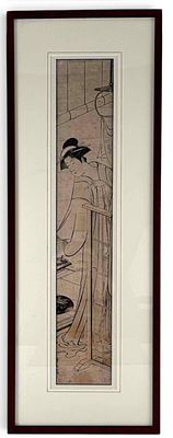 Torii Kiyonaga, Bijin in Her Bedchamber, Japanese Hashira-e Pillar Woodblock Print, c. 1780. Tori 