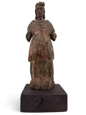 Chinese Carved Wood Devotional Figure, Ming-Qing Dynasty. Figure approximately 9.5H x 2.75W x 