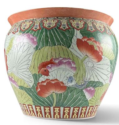 Large Chinese Famille Rose Porcelain Fish Bowl Jardiniere. Large Chinese famille rose porcelain 