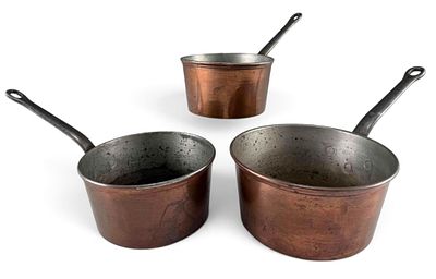 Three Gratieux Paris Graduated French Copper Pots. Each marked "Depose Gratieux Paris." Largest 