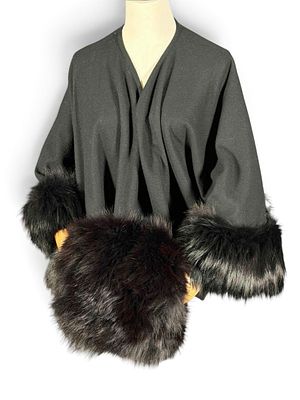Black Fox Fur Trimmed Shawl And Muff. Shawl approximately 59.0W x 24.0Hin. Mitten approximately 