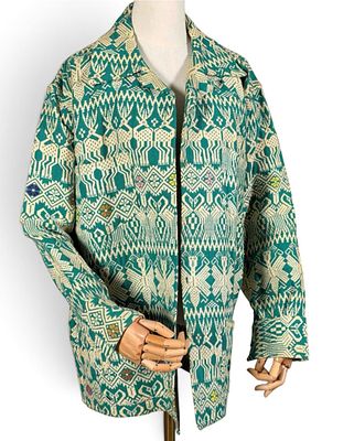 Vintage Blue & White Woven Textile Jacket, Ca. 1970s. Vintage Blue &amp; White Woven Textile 