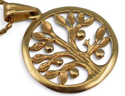 14K Gold Apple Tree Pendant Necklace, 8.1g. Chain marked "MIDAS 14K." Pendant marked illegibly 