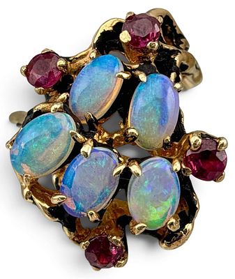 14K Gold Brutalist Opal & Pink Sapphire Ring. 14K Gold Brutalist Opal &amp; Pink Sapphire Ring 