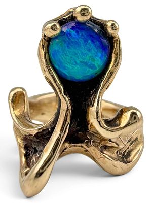 14K Yellow Gold Opal Modernist Ring, 8.3g. Marked "14K." Opal cabochon approximately 6.5mm. 