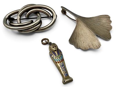 Grouping of Vintage Silver Jewelry. Ginkgo leaf brooch marked "925 WEIMAR HANDARBEIT BES, " 