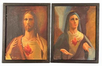 Pair of Religious Oil Paintings on Canvas, Sacred Heart of Jesus and Immaculate Heart of Mary. 