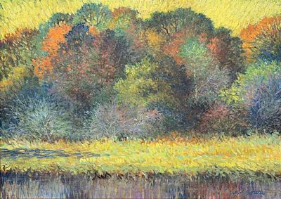 Helen Sowa (American, 1919-2011), Autumn Trees, Oil On Board. Signed lower right. Titled on 