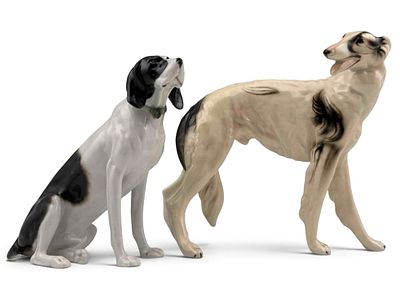 Two Continental Porcelain Dog Figurines, Borzoi and Hound. Hound marked "FP" at underside. 