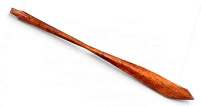 Early Hand-Carved Wooden Canoe Paddle. Hand-carved wooden canoe paddle of elongated narrow form 