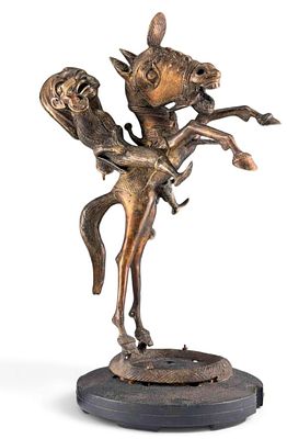African Cast Bronze Sculpture, Horse With Rider. Large African Cast Bronze Sculpture, Horse With 