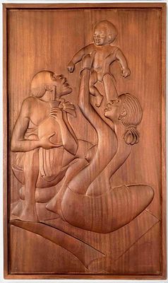 Laurent Hategekimana (Rwandan, b. 1967), Family, African Carved Wood Relief Panel. Laurent 