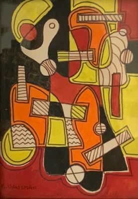 ציור גואש וטוש חתום E.HAUSMAN גודל 16X11 ס"מ מסגרת 34X29 ס"מ