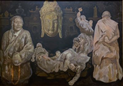 ציור שמן על בד מקורי ואיכותי כנראה אמן סיני או מהמזרח הרחוק חתום בגב הציור 64X90 ס"מ מסגרת 