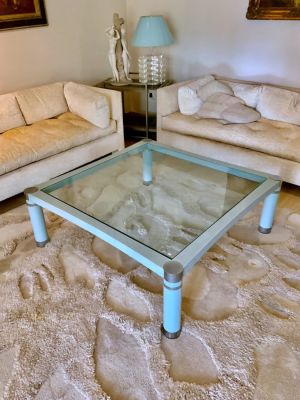 שולחן סלוני מעוצב Karl Springer עץ ודמוי עור נחש ניקל וזכוכית גודל 122X122 ס"מ גובה 43 ס"מ נרכש 