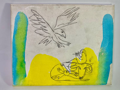 מנשה קדישמן רישום ואקריליק על בד מתוח חלילן ציפור וכבש 24x30 ס׳׳מ חתום בגב