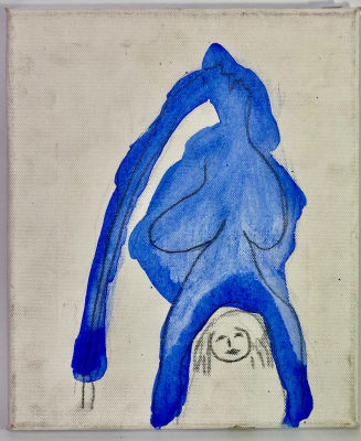 מנשה קדישמן רישום ואקריליק על בד מתוח אישה יולדת 25x30 ס׳׳מ חתום בגב