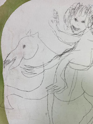 מנשה קדישמן רישום ואקריליק על בד מתוח דמות רוכב על סוס 25x30 ס׳׳מ חתום בגב