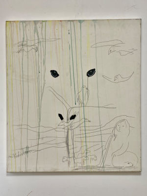 מנשה קדישמן ציור לבן על בד כולל רישום בצבעים גודל 80x90 ס׳׳מ