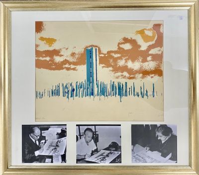 ליטוגרפיה אנדרטת אוגדת הפלדה חתומה על ידי גולדה מאיר יצחק רבין ומנחם בגין כולל הצילומי חתימה 