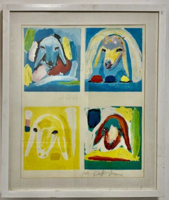 ליטוגרפיה מנשה קדישמן משי 4 ראשים חתומה ביד גודל מסגרת 82x70 ס׳׳מ