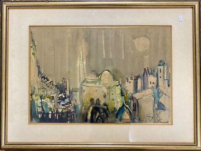 קוסונוגי אקוורל צפת חתום 81x61 ס׳׳מ גודל מסגרת 97x77 ס׳׳מ