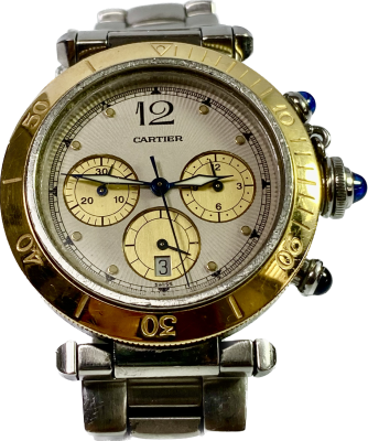 שעון יד CARTIER PASHA קרטייה פאשהכרונו בייזל זהב עם 3 כפתורים אבני ספיר כחול קבושון 380 ממ- 