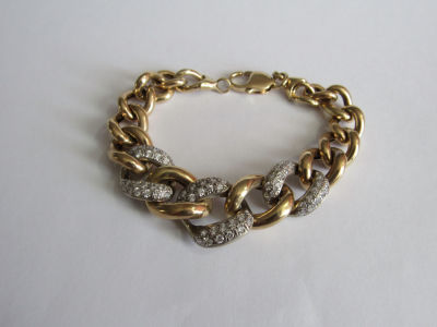 צמיד חוליות דגרדה זהב 14 קרט חתום - 3 חוליות גדולות במרכז משובצות אבנים דמויי יהלומים - אורך 20 