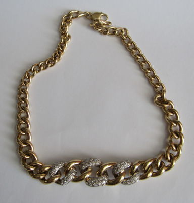 שרשרת חוליות דגרדה זהב 14 קרט חתום - 3 חוליות גדולות במרכז משובצות אבנים דמויי יהלומים - אורך 