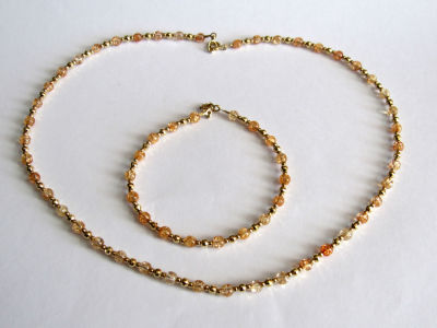 סט צמיד ושרשרת חרוזי זהב עם סוגרי זהב 14 קרט חתומים עם חרוזי אבני חן קוורץ 4 מ"מ קוטר - אורך 