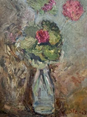 צבי שור שמן על עץ 46X36 ס"מ – חתום וממוסגר