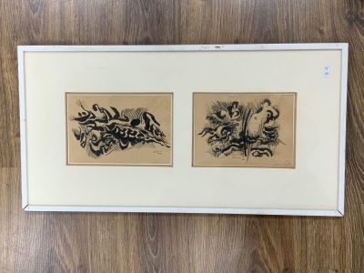 מרדכי אריאלי רישום דיו – 2 יח' של 14X20 ס"מ – חתום וממוסגרים ביחד