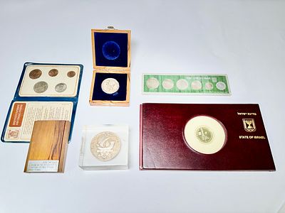 לוט 6 מטבעות שונות: 3 מטבעות כסף מדינת ישראל, סט מטבעות כ"ח למדינת ישראל, מדליה צרפתית חתום 
