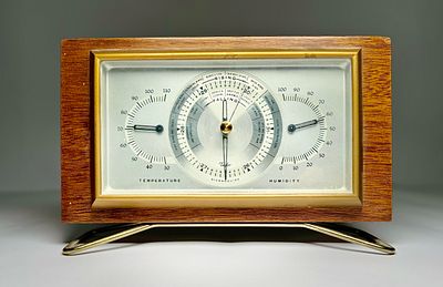 ברומטר עץ מהגוני ומתכת אמריקאי ארצות הברית ניו יורק, גודל 23X15 ס"מ. עובי 4 ס"מ.