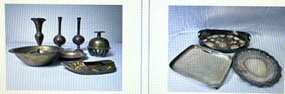 לוט 10 פריטים הכולל : 3 מגשי מתכת מצופה כסף. אחד מלבן בגודל 41x29.5 ס״מ . גובה- 3.5 ס״מ. ומגש 