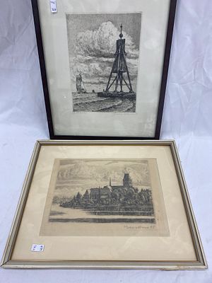 לוט 4 ציורים שונים : 2 תחריטים חתומים בעיפרון, גודל מסגרת- 31x25.5 ס״מ כל אחד.-ליטוגרפיה חתומה 