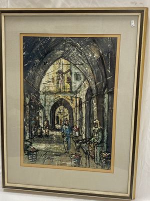 ציור שמן חתום אך לא מזוהה דמויות בעיר העתיקה, גודל עבודה 48x34 ס״מ, גודל מסגרת 70x54 ס״מ