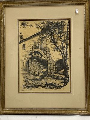 לוט 4 ציורים שונים: תחריט חתום בעיפרון כניסה לבית בכפר, גודל מסגרת 52x41 ס״מ- תחריט עתיק צבעוני 