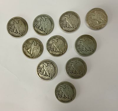 לוט 10 מטבעות חצי דולר אמריקאי מתוארך 4 מטבעות 1942, 5 מטבעות 1943, ומטבע אחד 1944, כסף 900 