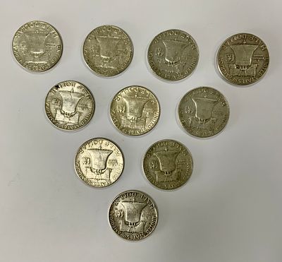 לוט 10 מטבעות חצי דולר אמריקאי מתוארך 1952-1963, כסף 900, משקל 124 גרם סה"כ