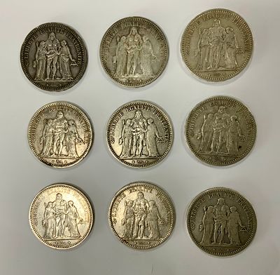 לוט 9 מטבעות 5 פרנק צרפתי מתוארך 1873, משקל 222 גרם