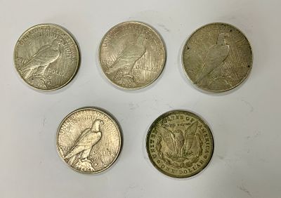 לוט 5 מטבעות 1 דולר אמריקאי, מתוארכים בין 1921-1926, משקל 133 גרם