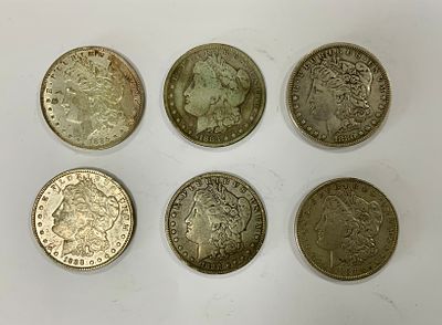 לוט 6 מטבעות 1 דולר אמריקאי, מתוארכים בין 1880-1888, משקל 158 גרם