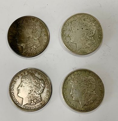 לוט 4 מטבעות 1 דולר אמריקאי, מתוארך 1921, משקל 106 גרם