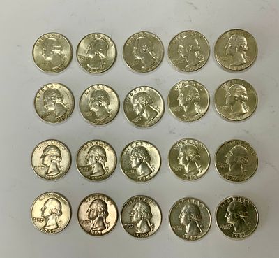 לוט 20 מטבעות כסף רבע דולר, מתוארכים בין 1957-1964, משקל 124 גרם