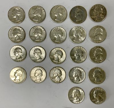 לוט 22 מטבעות כסף רבע דולר, מתוארכים בין 1948-1964, משקל 136 גרם
