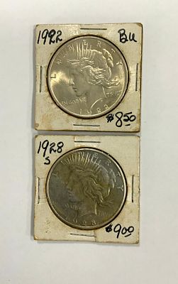 2 מטבעות דולר אמריקאי 1922 ו1928 במצב שמור, משקל 53 גרם כולל