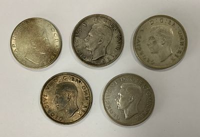 לוט 5 מטבעות כנראה כסף, אחד יווני מ1938, ועוד 4 משנות ה-40, משקל כולל 70 גרם
